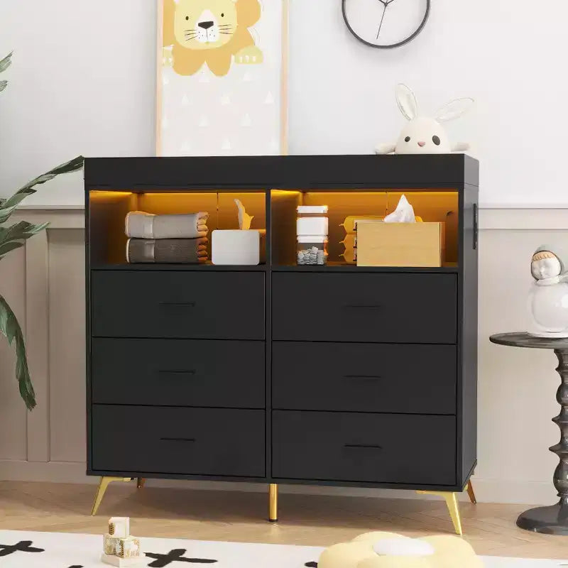 Fasciatoio con cassetti, cassettiera per bambini con fasciatoio, presa di corrente, luce LED e piedini in metallo