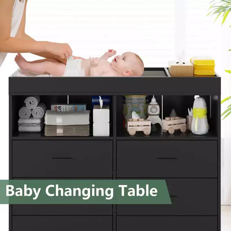Fasciatoio con cassetti, cassettiera per bambini con fasciatoio, presa di corrente, luce LED e piedini in metallo
