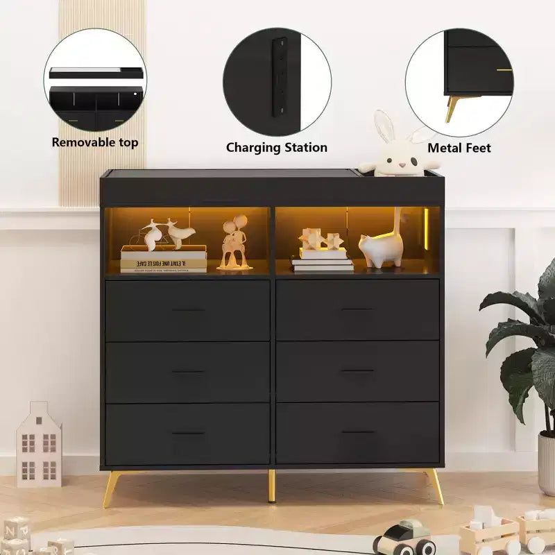 Fasciatoio con cassetti, cassettiera per bambini con fasciatoio, presa di corrente, luce LED e piedini in metallo