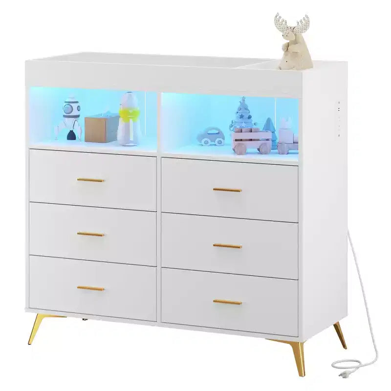 Fasciatoio con cassetti, cassettiera per bambini con fasciatoio, presa di corrente, luce LED e piedini in metallo