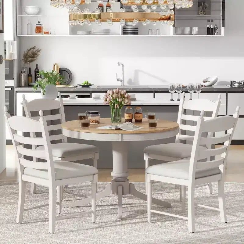Tavolo da pranzo con piano rotondo allungabile e 4 sedie imbottite