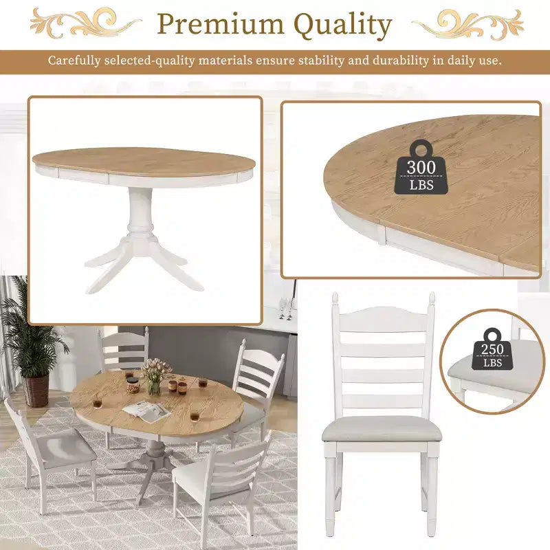 Tavolo da pranzo con piano rotondo allungabile e 4 sedie imbottite