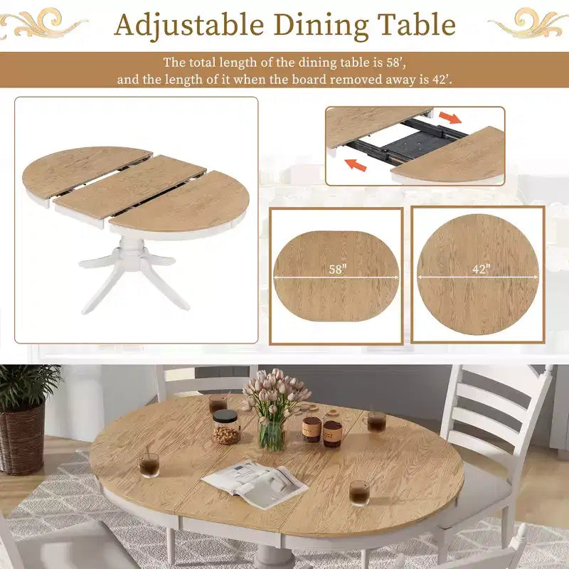 Tavolo da pranzo con piano rotondo allungabile e 4 sedie imbottite