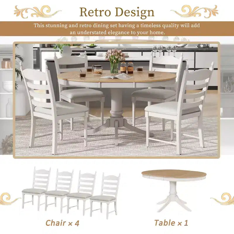 Tavolo da pranzo con piano rotondo allungabile e 4 sedie imbottite