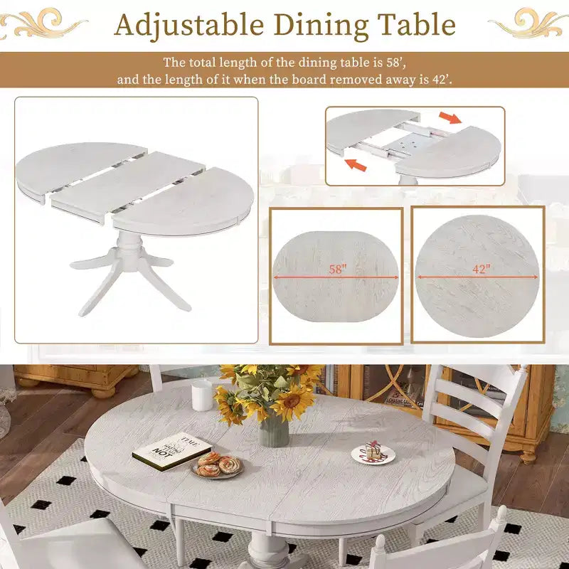 Tavolo da pranzo con piano rotondo allungabile e 4 sedie imbottite