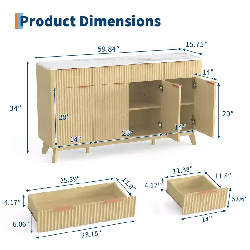 Credenza a buffet grande da 60 con spazio contenitivo, armadietto con ante scanalate, cassetti e ripiani regolabili, consolle in legno per angolo caffè