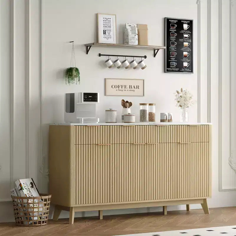 Credenza a buffet grande da 60 con spazio contenitivo, armadietto con ante scanalate, cassetti e ripiani regolabili, consolle in legno per angolo caffè