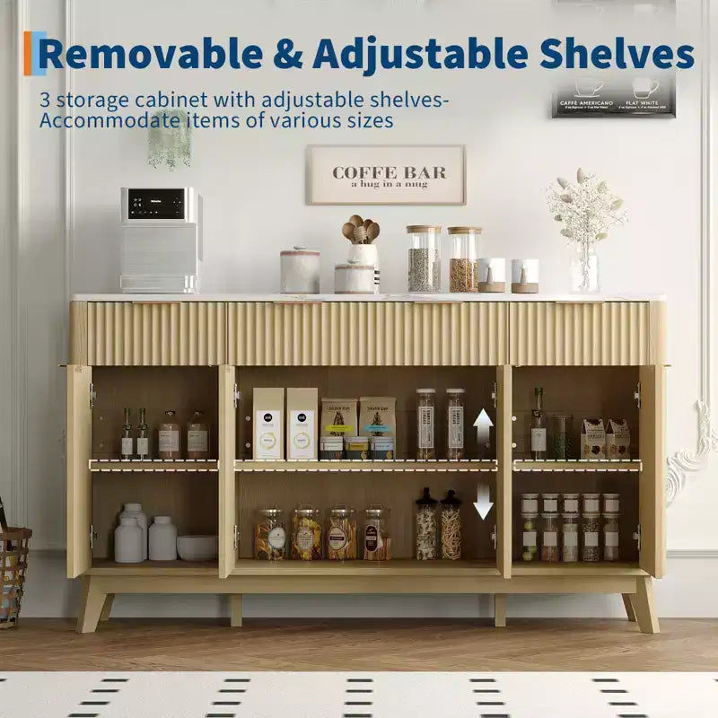 Credenza a buffet grande da 60 con spazio contenitivo, armadietto con ante scanalate, cassetti e ripiani regolabili, consolle in legno per angolo caffè