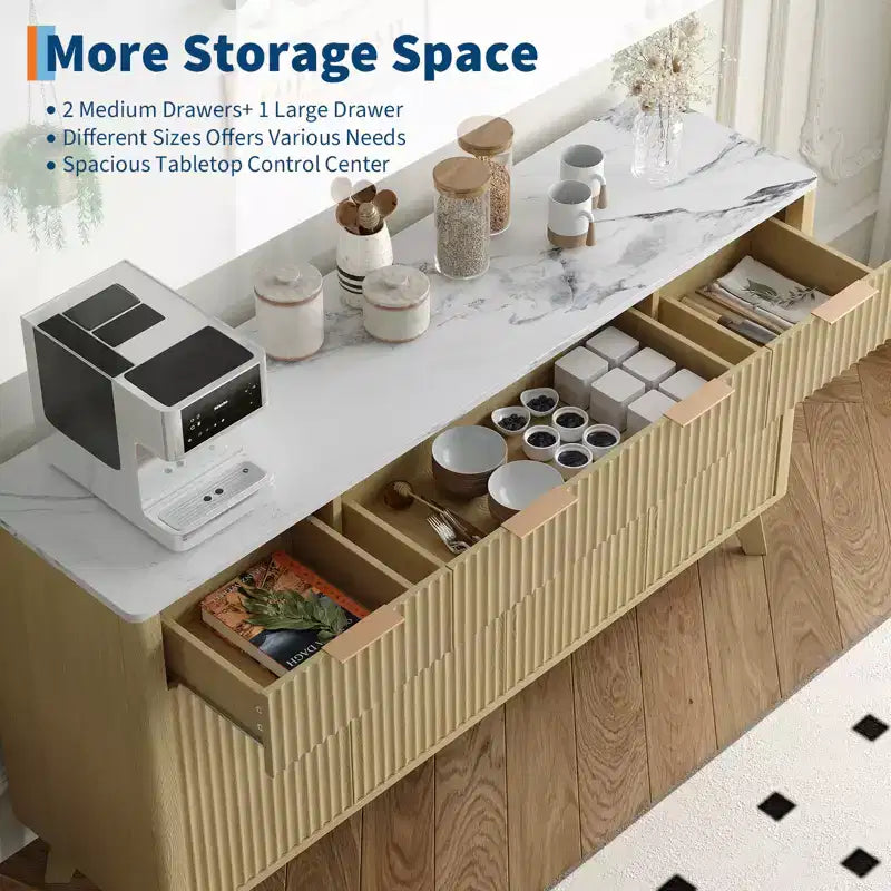 Credenza a buffet grande da 60 con spazio contenitivo, armadietto con ante scanalate, cassetti e ripiani regolabili, consolle in legno per angolo caffè