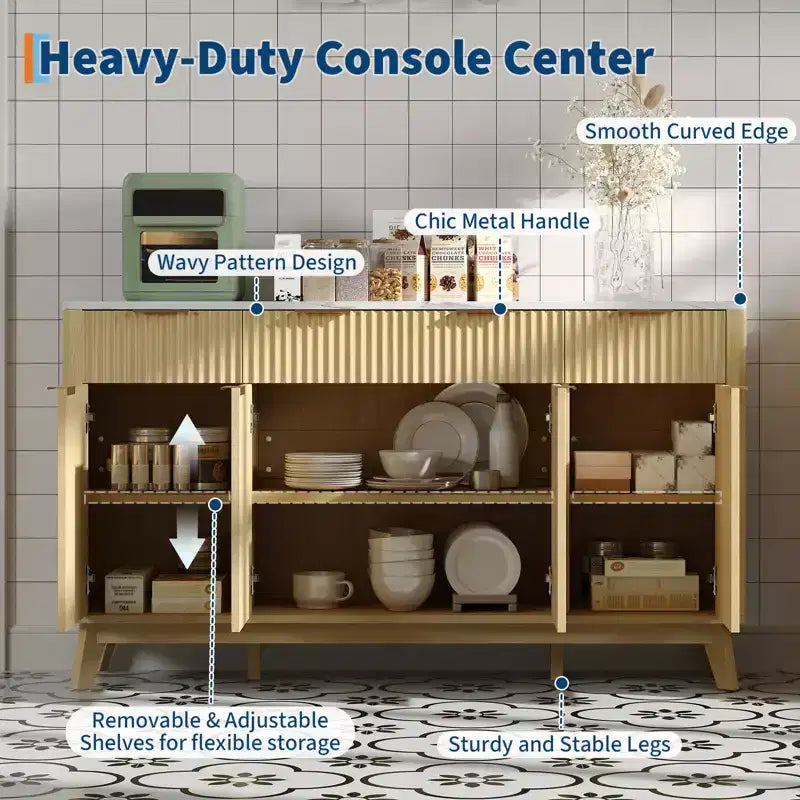 Credenza a buffet grande da 60 con spazio contenitivo, armadietto con ante scanalate, cassetti e ripiani regolabili, consolle in legno per angolo caffè