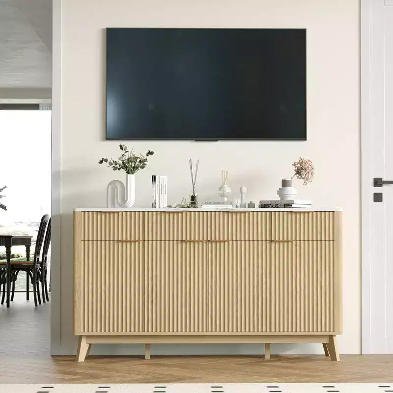Credenza a buffet grande da 60 con spazio contenitivo, armadietto con ante scanalate, cassetti e ripiani regolabili, consolle in legno per angolo caffè