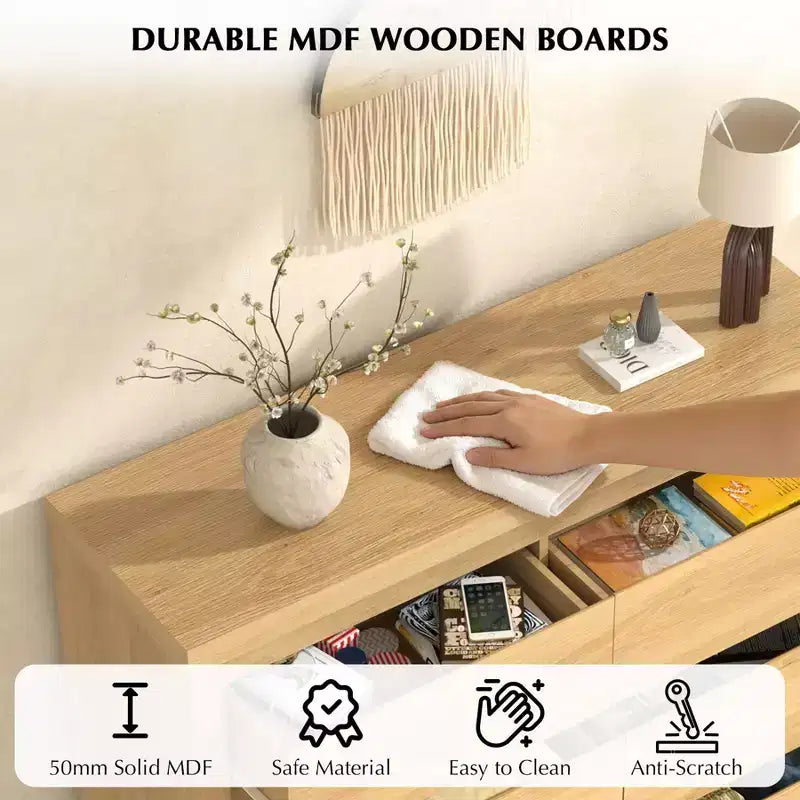 Comò a 6 cassetti da 47 pollici di larghezza, Mobile con angoli arrotondati, Cassettiera moderna, Piano ispessito, Legno naturale