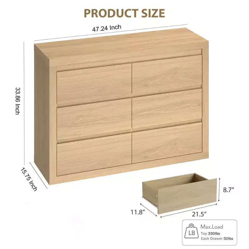 Comò a 6 cassetti da 47 pollici di larghezza, Mobile con angoli arrotondati, Cassettiera moderna, Piano ispessito, Legno naturale