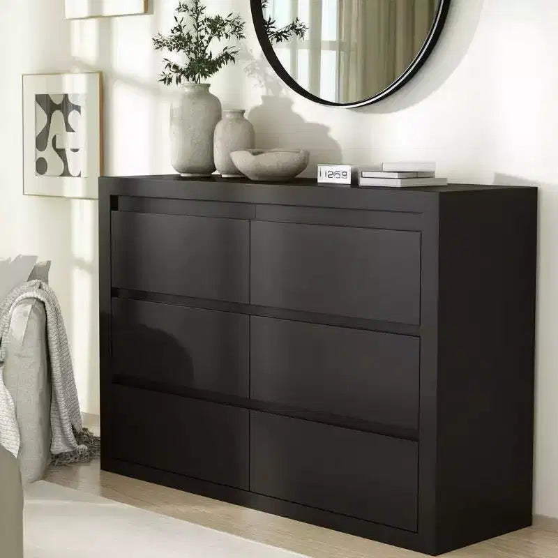  47 Wide 6 Drawer Dresser, Modern Round Corner Cabinet Chest, Thickened Top, Natural Wood