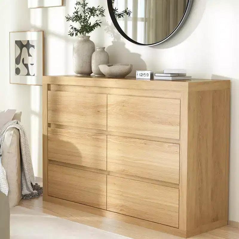 Comò a 6 cassetti da 47 pollici di larghezza, Mobile con angoli arrotondati, Cassettiera moderna, Piano ispessito, Legno naturale