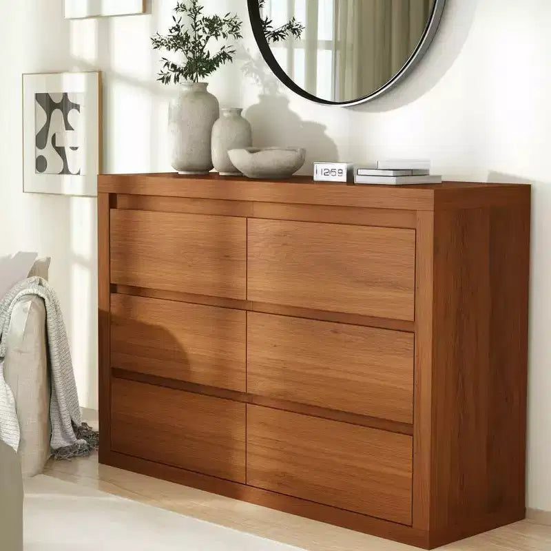 Comò a 6 cassetti da 47 pollici di larghezza, Mobile con angoli arrotondati, Cassettiera moderna, Piano ispessito, Legno naturale