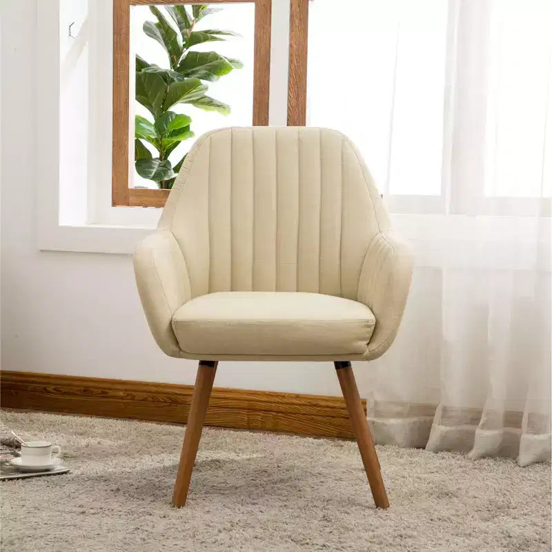 Poltrona di design contemporaneo, poltroncina a botte in tessuto con gambe in legno massello, poltrona imbottita per soggiorno, ufficio, ingresso