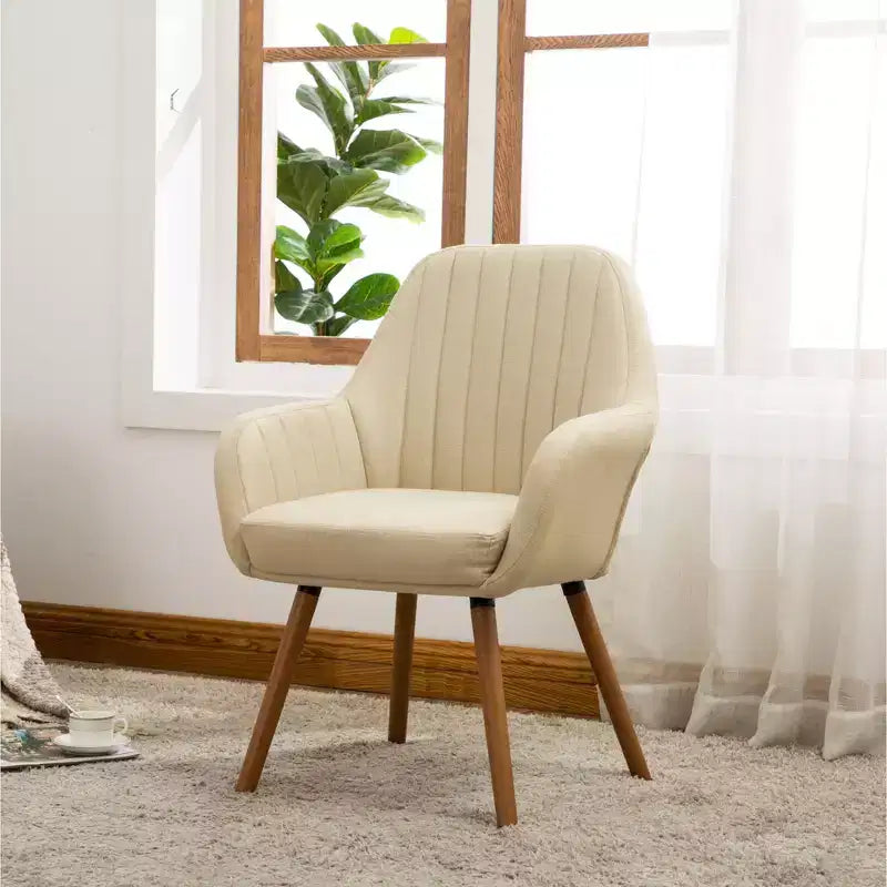 Poltrona di design contemporaneo, poltroncina a botte in tessuto con gambe in legno massello, poltrona imbottita per soggiorno, ufficio, ingresso