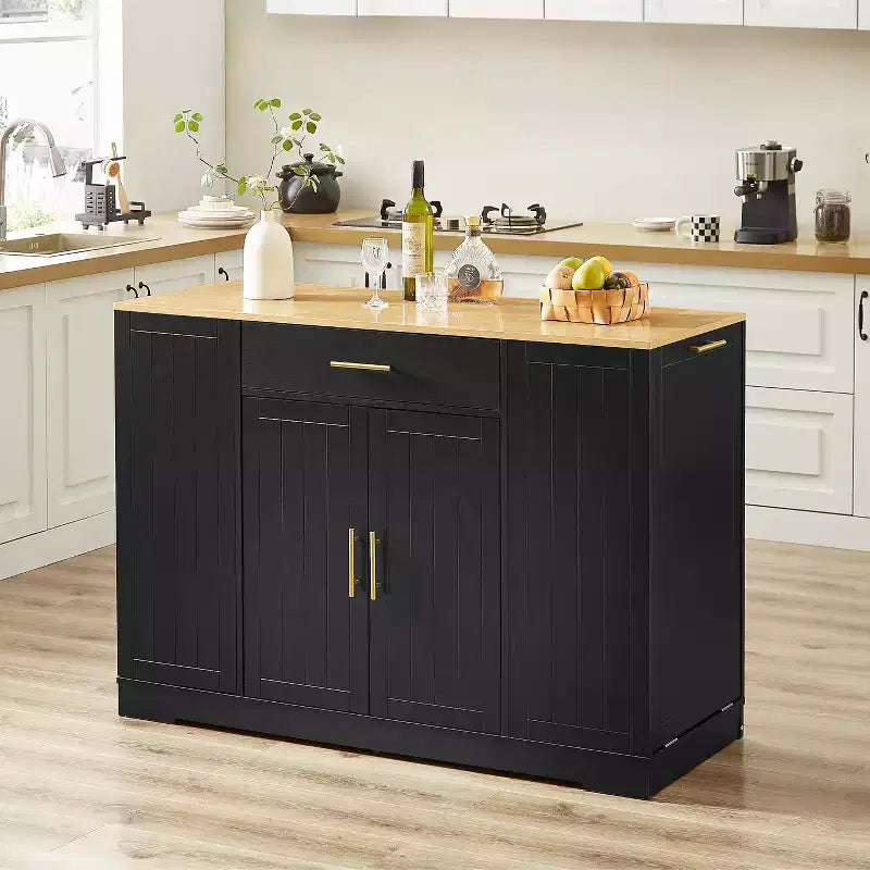  Black Wood Top 53.2 in. Kitchen Island Cart with Hidden Trash Can Cabinet, Adjustable Shelves, and Drawer