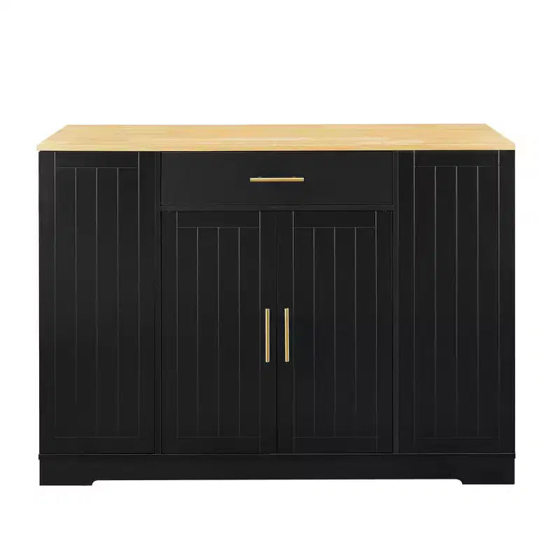 Isola Cucina Mobile con Piano in Legno Nero da 53,2 pollici, Cestino Nascosto, Ripiani Regolabili e Cassetto