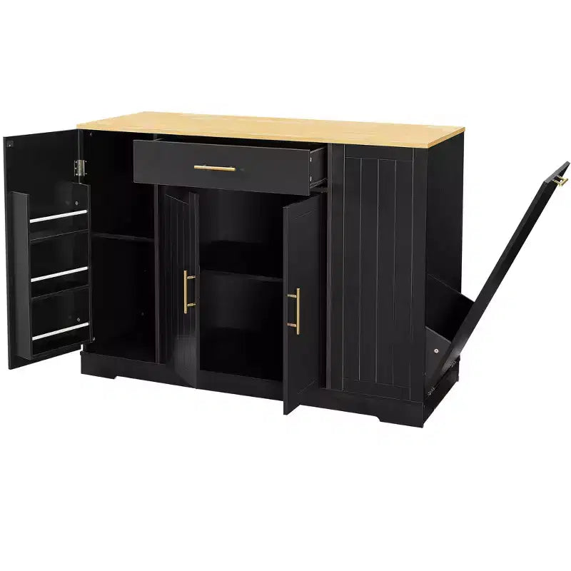 Isola Cucina Mobile con Piano in Legno Nero da 53,2 pollici, Cestino Nascosto, Ripiani Regolabili e Cassetto