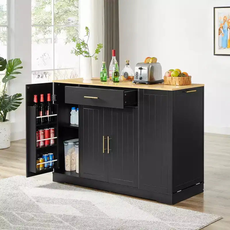 Isola Cucina Mobile con Piano in Legno Nero da 53,2 pollici, Cestino Nascosto, Ripiani Regolabili e Cassetto