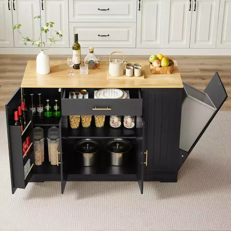 Isola Cucina Mobile con Piano in Legno Nero da 53,2 pollici, Cestino Nascosto, Ripiani Regolabili e Cassetto