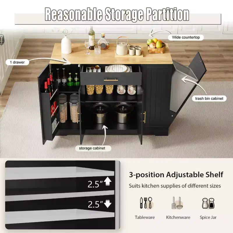 Isola Cucina Mobile con Piano in Legno Nero da 53,2 pollici, Cestino Nascosto, Ripiani Regolabili e Cassetto