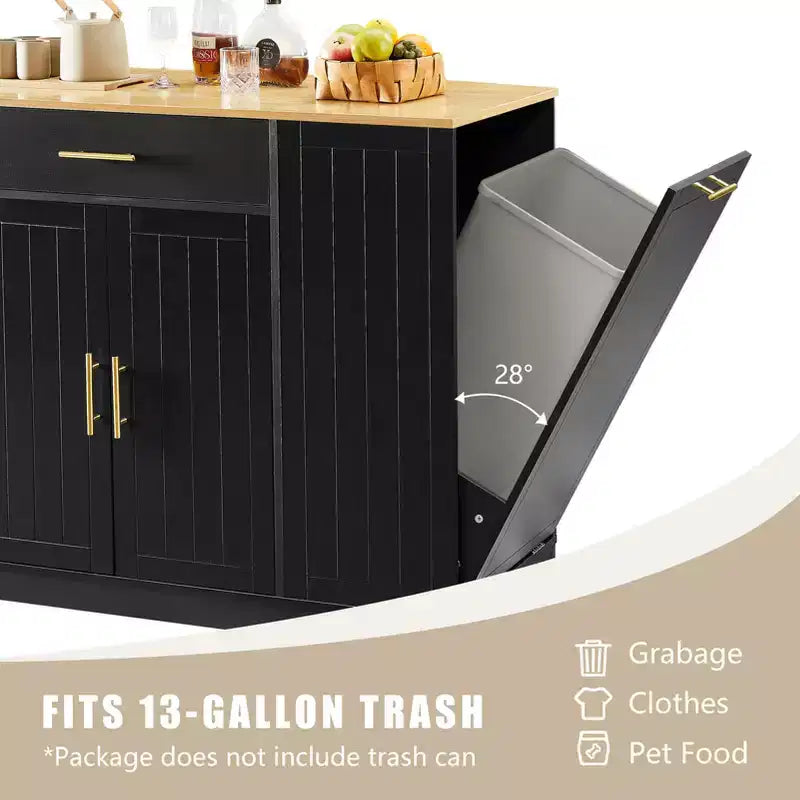 Isola Cucina Mobile con Piano in Legno Nero da 53,2 pollici, Cestino Nascosto, Ripiani Regolabili e Cassetto