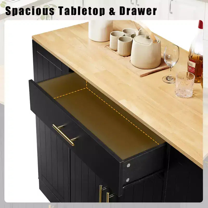Isola Cucina Mobile con Piano in Legno Nero da 53,2 pollici, Cestino Nascosto, Ripiani Regolabili e Cassetto