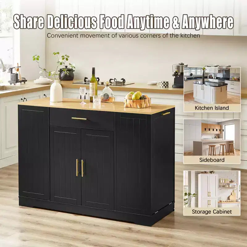 Isola Cucina Mobile con Piano in Legno Nero da 53,2 pollici, Cestino Nascosto, Ripiani Regolabili e Cassetto