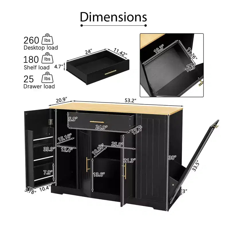 Isola Cucina Mobile con Piano in Legno Nero da 53,2 pollici, Cestino Nascosto, Ripiani Regolabili e Cassetto