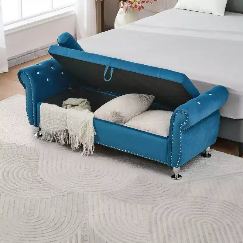 Panca Contenitore in Velluto Trapuntato da 62.2" con Bottoni e Braccioli, Panca da Fondo Letto con 1 Cuscino, Pouf Contenitore per Soggiorno, Camera da Letto