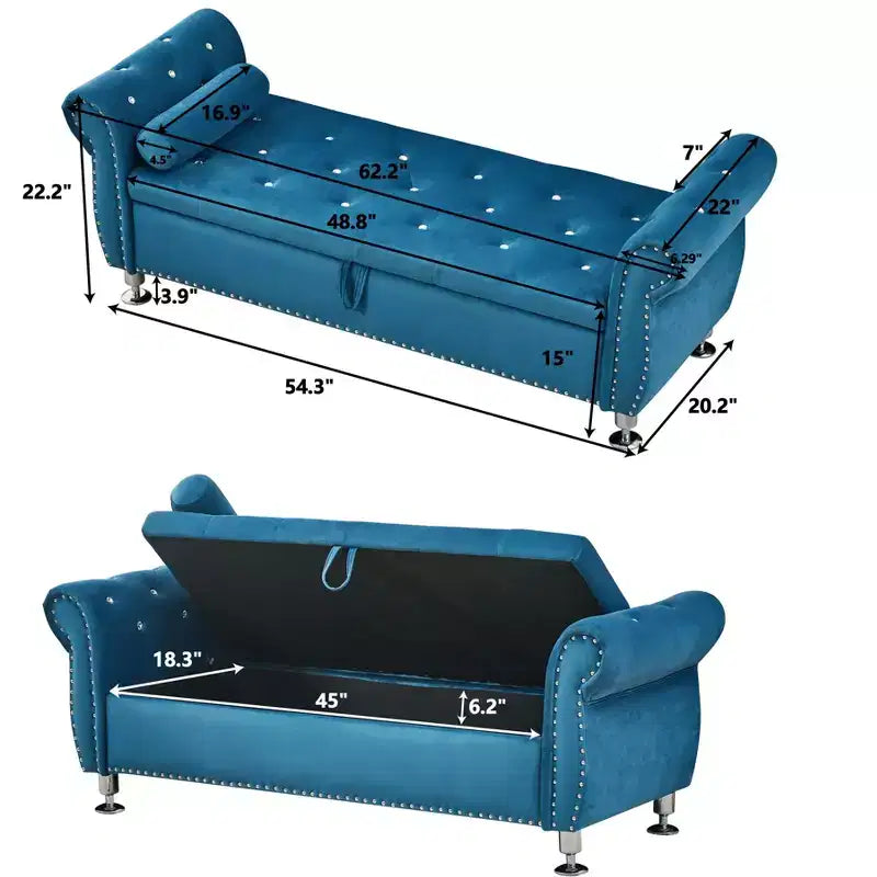 Panca Contenitore in Velluto Trapuntato da 62.2" con Bottoni e Braccioli, Panca da Fondo Letto con 1 Cuscino, Pouf Contenitore per Soggiorno, Camera da Letto