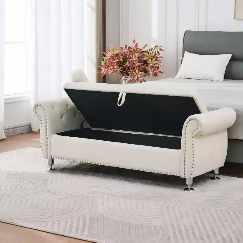 Panca Contenitore in Velluto Trapuntato da 62.2" con Bottoni e Braccioli, Panca da Fondo Letto con 1 Cuscino, Pouf Contenitore per Soggiorno, Camera da Letto