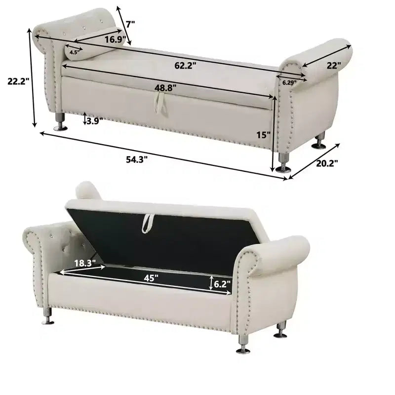 Panca Contenitore in Velluto Trapuntato da 62.2" con Bottoni e Braccioli, Panca da Fondo Letto con 1 Cuscino, Pouf Contenitore per Soggiorno, Camera da Letto