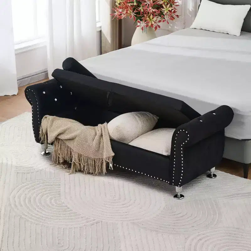 Panca Contenitore in Velluto Trapuntato da 62.2" con Bottoni e Braccioli, Panca da Fondo Letto con 1 Cuscino, Pouf Contenitore per Soggiorno, Camera da Letto