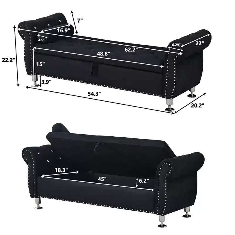 Panca Contenitore in Velluto Trapuntato da 62.2" con Bottoni e Braccioli, Panca da Fondo Letto con 1 Cuscino, Pouf Contenitore per Soggiorno, Camera da Letto