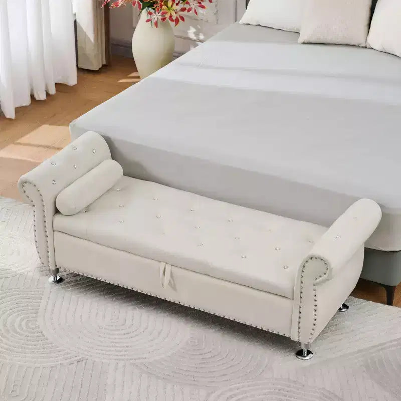 Panca Contenitore in Velluto Trapuntato da 62.2" con Bottoni e Braccioli, Panca da Fondo Letto con 1 Cuscino, Pouf Contenitore per Soggiorno, Camera da Letto