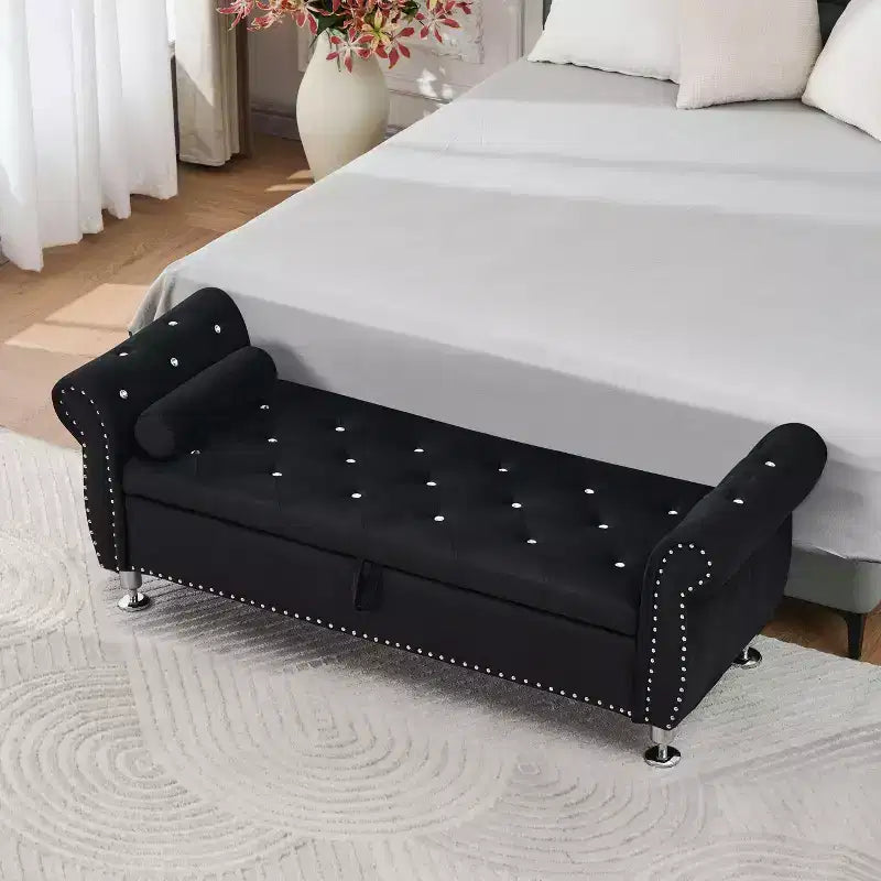 Panca Contenitore in Velluto Trapuntato da 62.2" con Bottoni e Braccioli, Panca da Fondo Letto con 1 Cuscino, Pouf Contenitore per Soggiorno, Camera da Letto