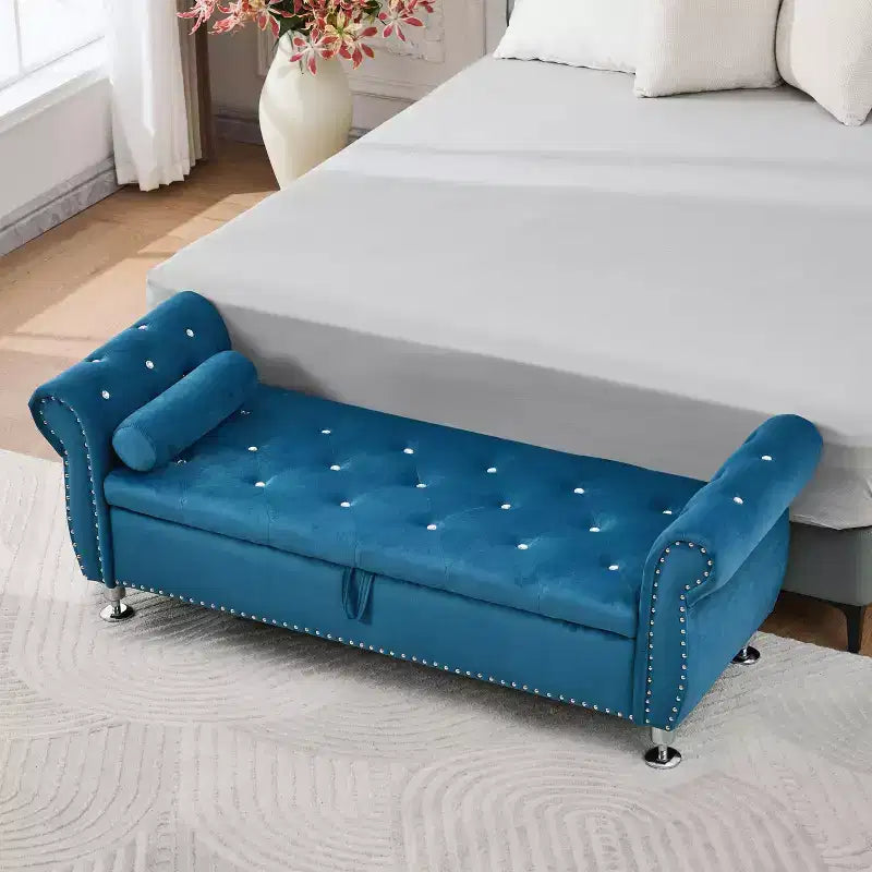  62.2 Tufted Velvet Storage Bench with l Buttons & Armrests,End of Bed Bench with 1 Pillow,Storage Ottomans for Living Room,Bedroom