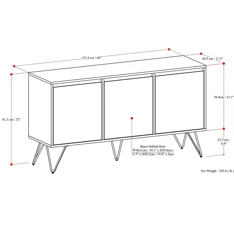 Credenza a buffet industriale contemporanea a 3 ante rettangolare da 60 x 18 pollici in impiallacciatura di noce