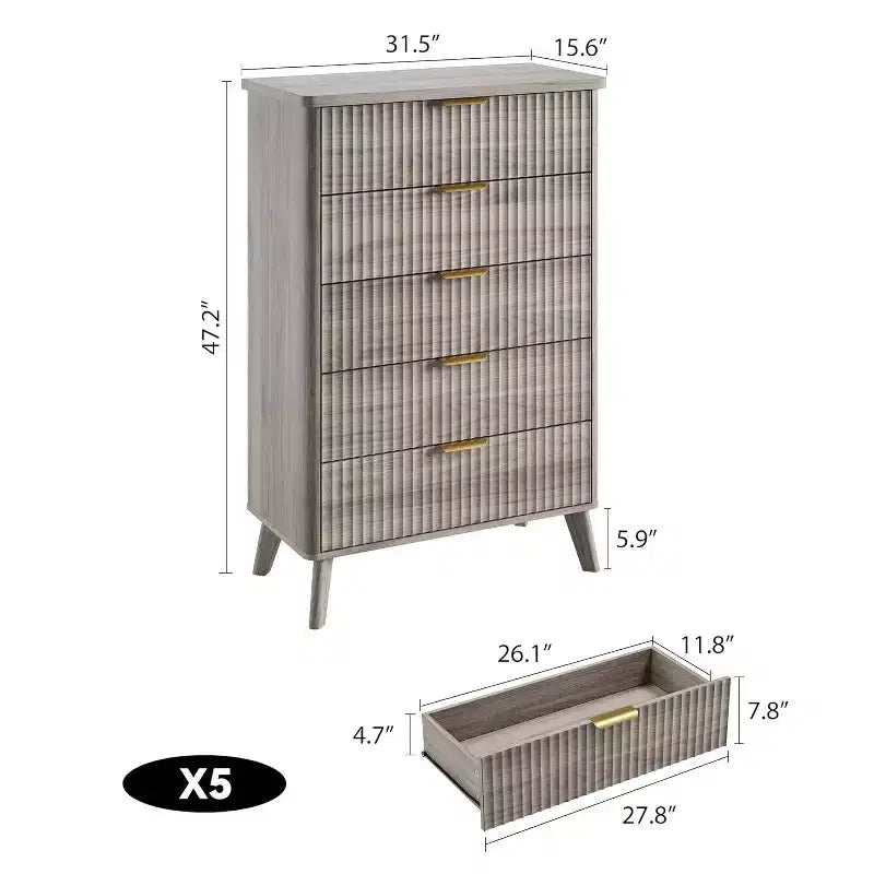 Comò a 5 cassetti scanalato, Cassettiera moderna per camera da letto o corridoio