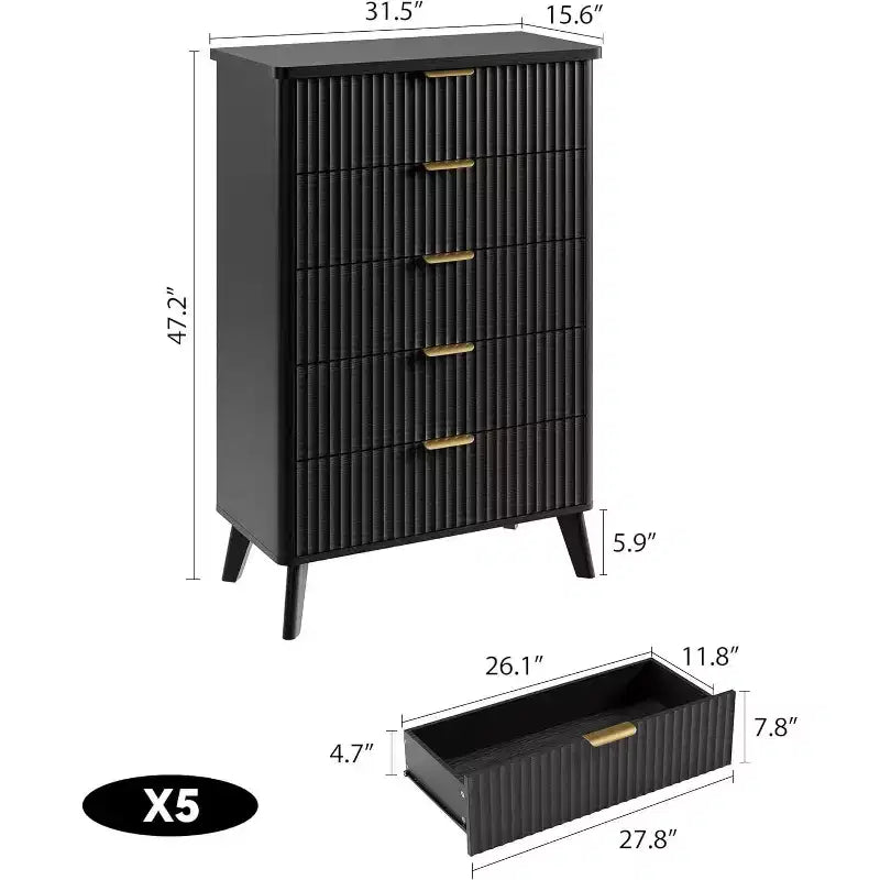 Comò a 5 cassetti scanalato, Cassettiera moderna per camera da letto o corridoio