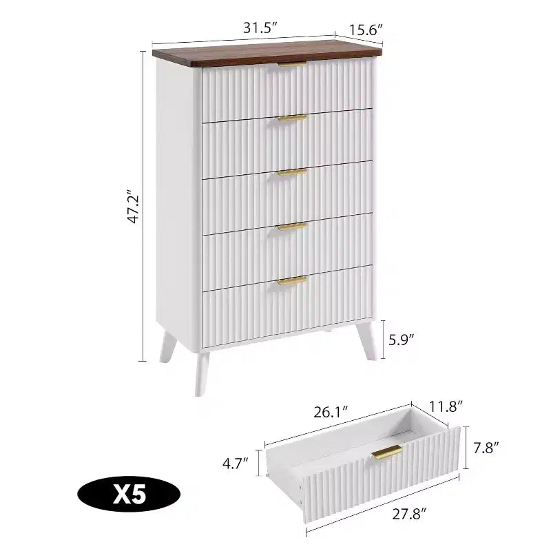 Comò a 5 cassetti scanalato, Cassettiera moderna per camera da letto o corridoio
