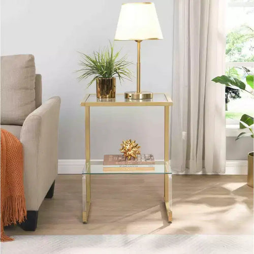 Tavolino in ferro e vetro acrilico a 2 ripiani, Tavolino dorato per soggiorno e camera da letto, Oro