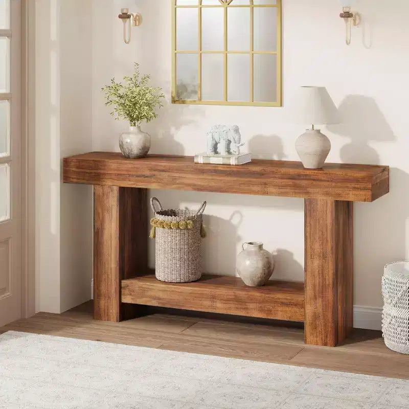 63 Inches  Console Table, 2-Tier Entryway Table with h-Shaped Base, Narrow Entry Table Long Sofa Table Hallway Accent Table for Living Room