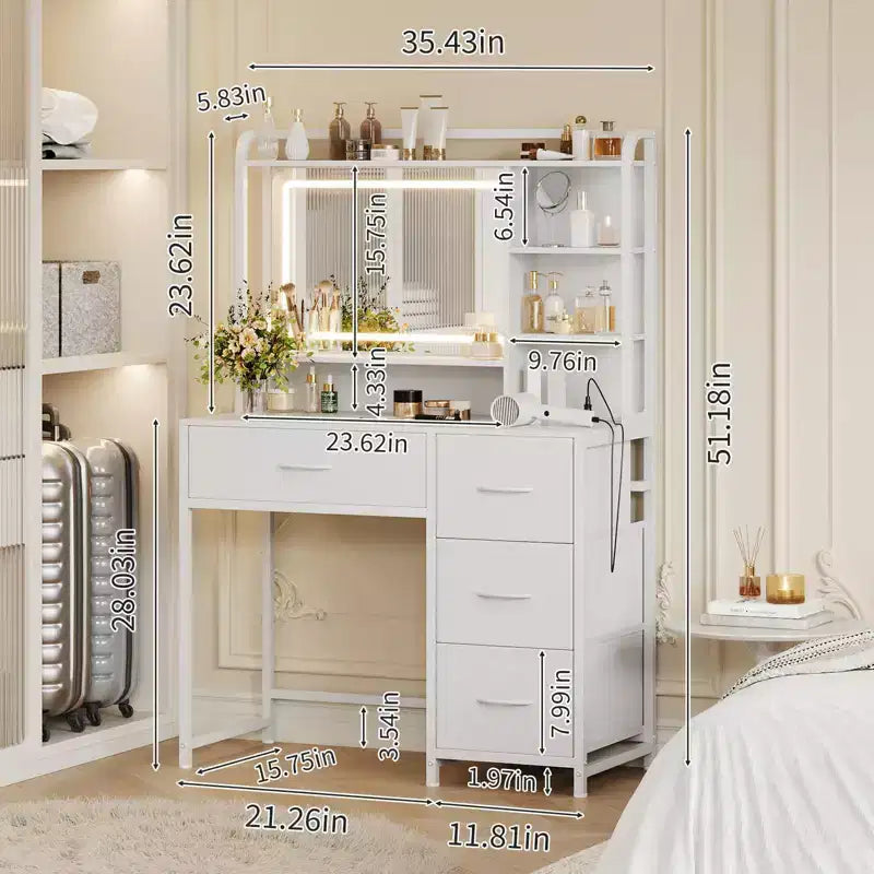 Scrivania da trucco con specchio, toletta da 35,4" con ripiani e 4 cassetti in tessuto, moderna toletta per camera da letto