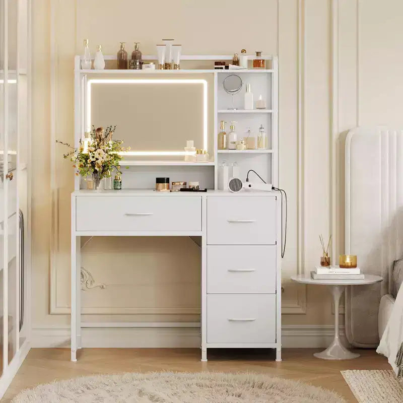 Scrivania da trucco con specchio, toletta da 35,4" con ripiani e 4 cassetti in tessuto, moderna toletta per camera da letto