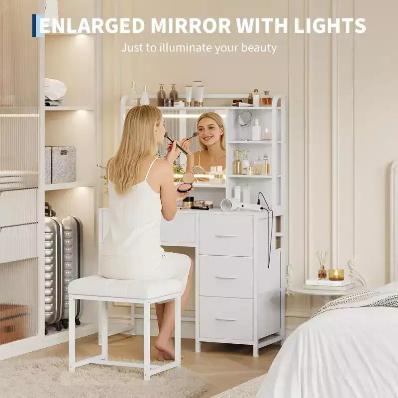 Scrivania da trucco con specchio, toletta da 35,4" con ripiani e 4 cassetti in tessuto, moderna toletta per camera da letto